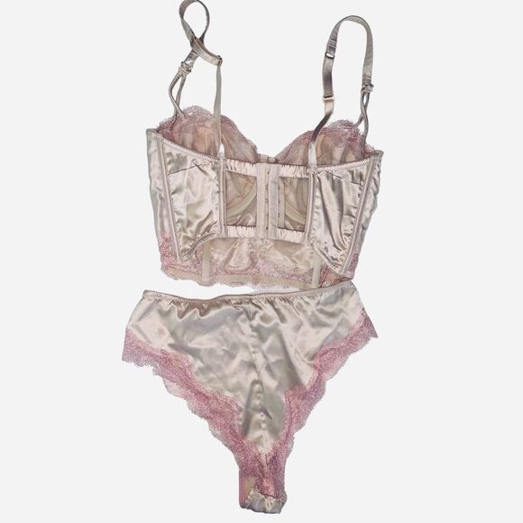 VS Dream Angels Champagne Satin Lace Long Unlined 32DDD Bra w matching SM panty - Picture 8 of 8